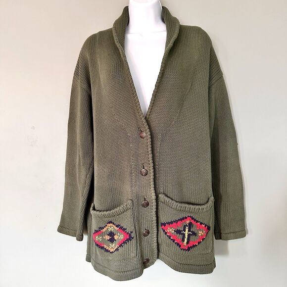 VTG Eddie Bauer Cardigan Sweater Women M Aztec Navajo Southwestern Green Pockets - Picture 3 of 11